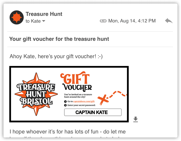 A screenshot of an email containing a digital gift voucher for Treasure Hunt Bristol.