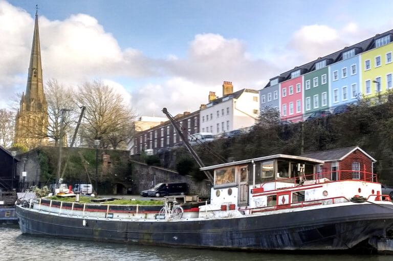 The iconic colourful houses opposite Bristol harbour